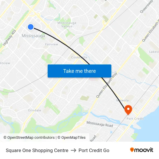 Square One Shopping Centre to Port Credit Go map