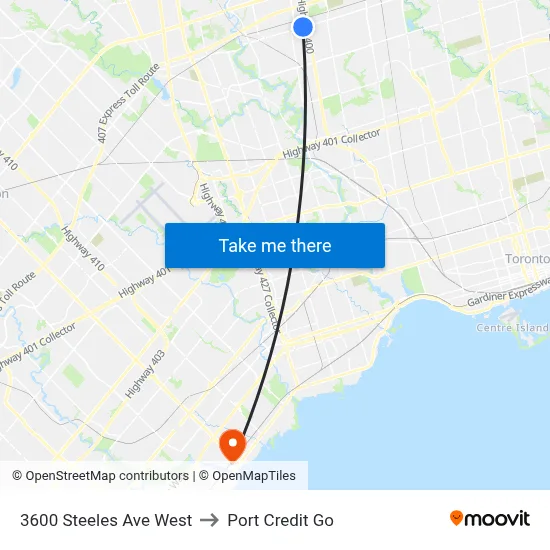 3600 Steeles Ave West to Port Credit Go map
