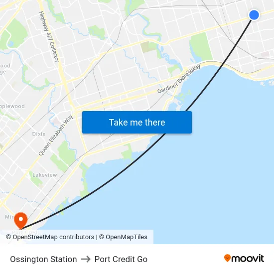 Ossington Station to Port Credit Go map