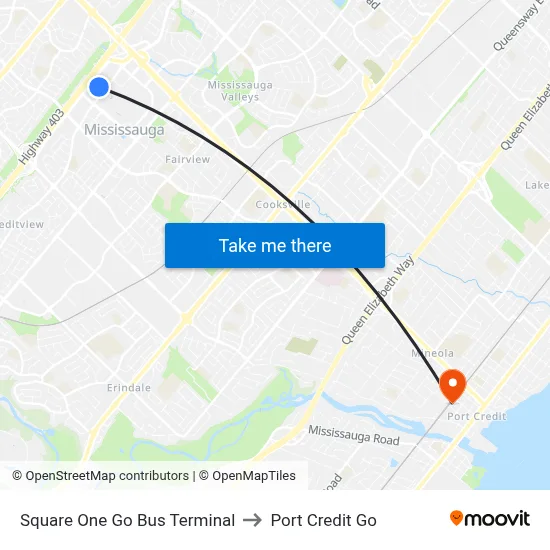 Square One Go Bus Terminal to Port Credit Go map