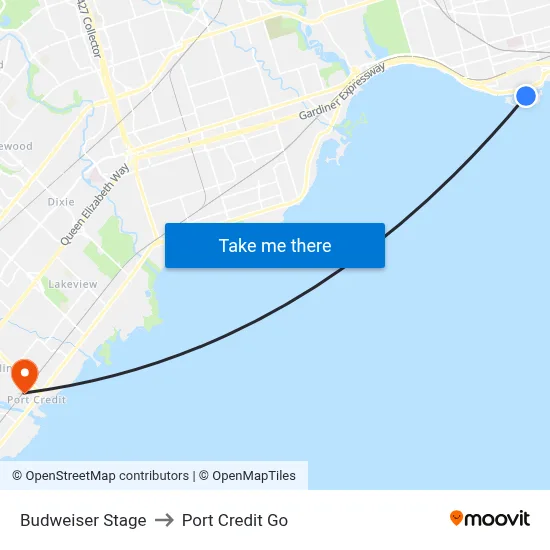 Budweiser Stage to Port Credit Go map