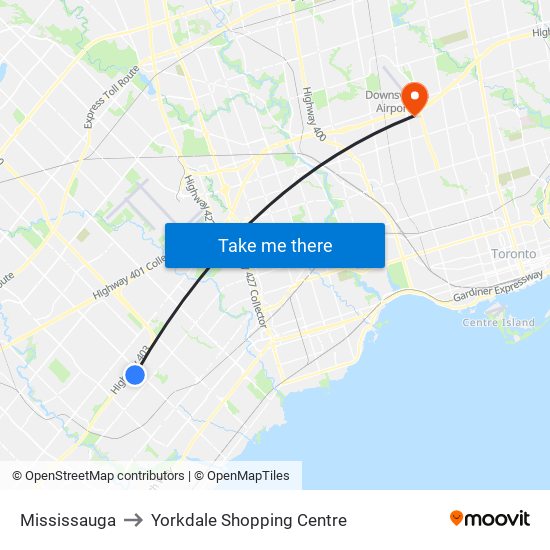 Mississauga to Yorkdale Shopping Centre map