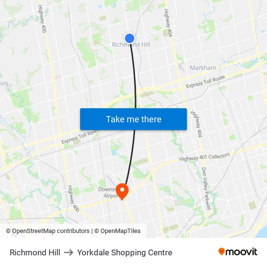 Richmond Hill to Yorkdale Shopping Centre map