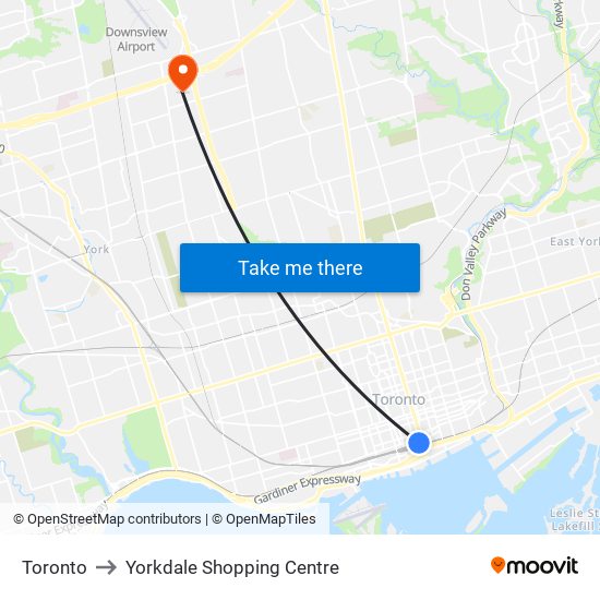 Toronto to Yorkdale Shopping Centre map