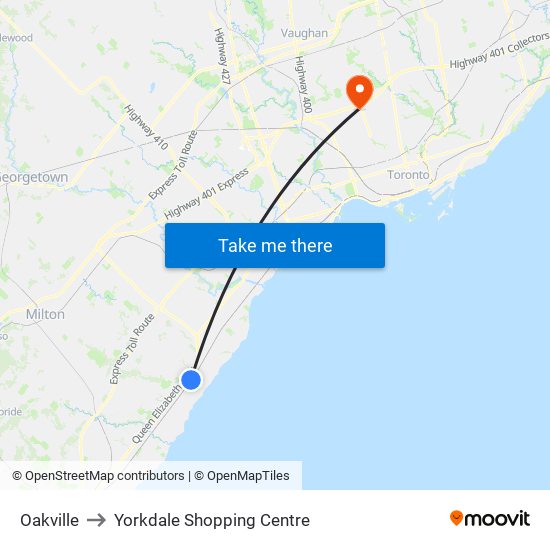 Oakville to Yorkdale Shopping Centre map