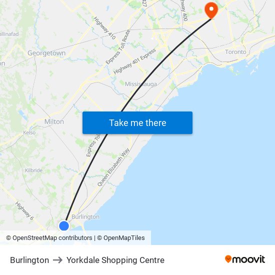 Burlington to Yorkdale Shopping Centre map