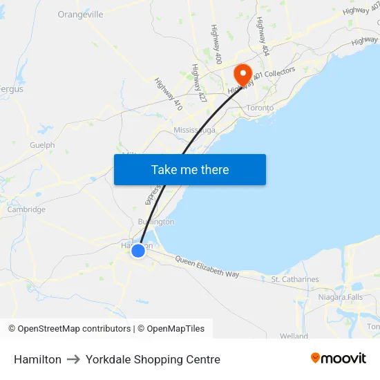 Hamilton to Yorkdale Shopping Centre map