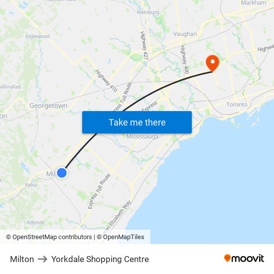 Milton to Yorkdale Shopping Centre map