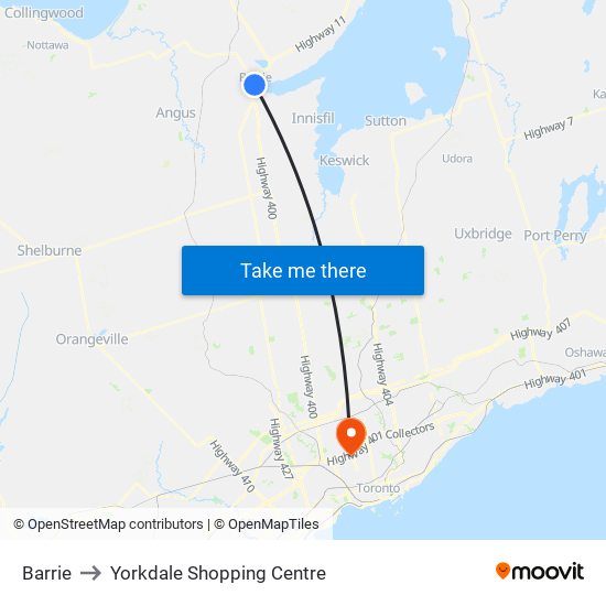 Barrie to Yorkdale Shopping Centre map