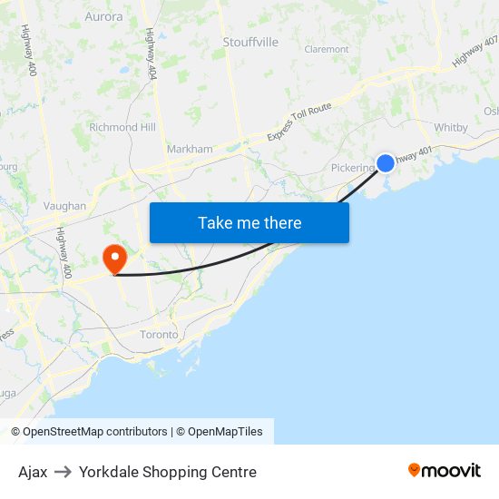 Ajax to Yorkdale Shopping Centre map