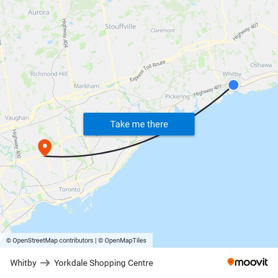 Whitby to Yorkdale Shopping Centre map