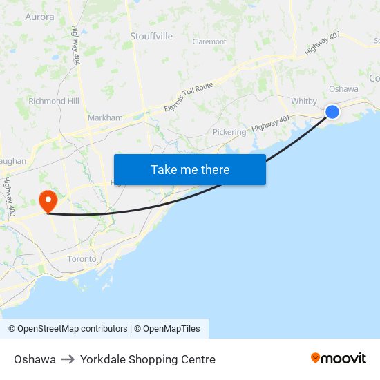Oshawa to Yorkdale Shopping Centre map