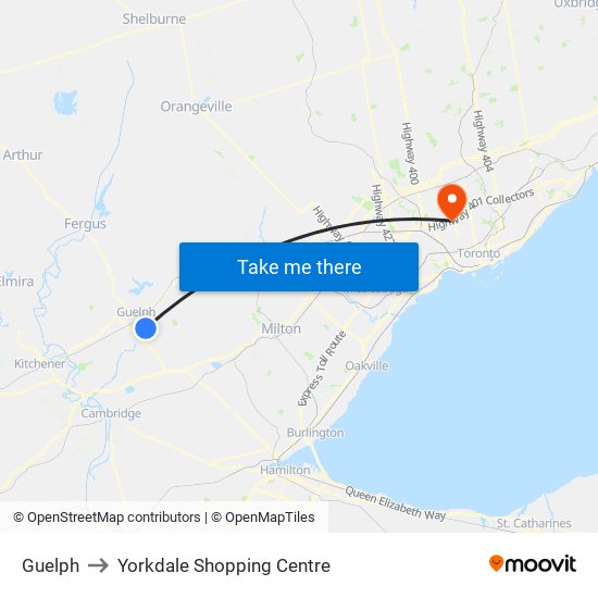 Guelph to Yorkdale Shopping Centre map