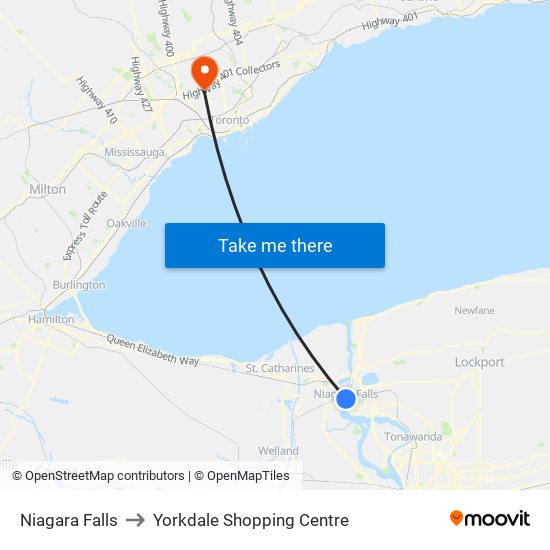Niagara Falls to Yorkdale Shopping Centre map
