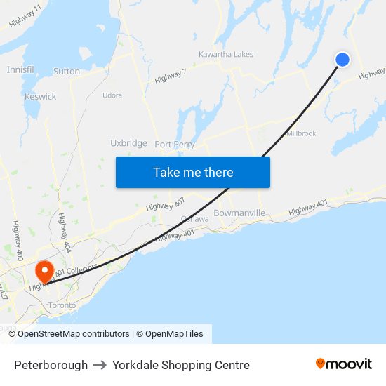 Peterborough to Yorkdale Shopping Centre map