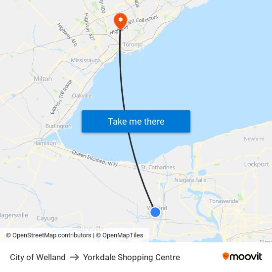 City of Welland to Yorkdale Shopping Centre map