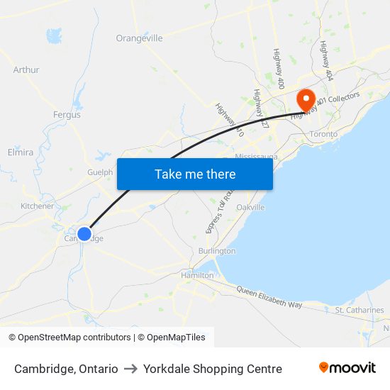 Cambridge, Ontario to Yorkdale Shopping Centre map