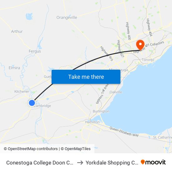 Conestoga College Doon Campus to Yorkdale Shopping Centre map