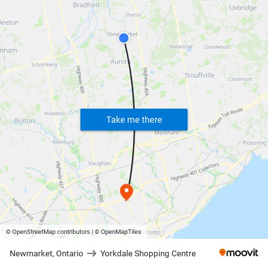 Newmarket, Ontario to Yorkdale Shopping Centre map