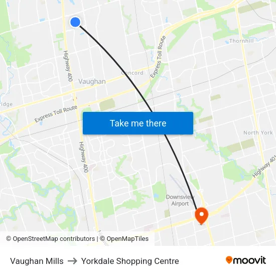 Vaughan Mills to Yorkdale Shopping Centre map
