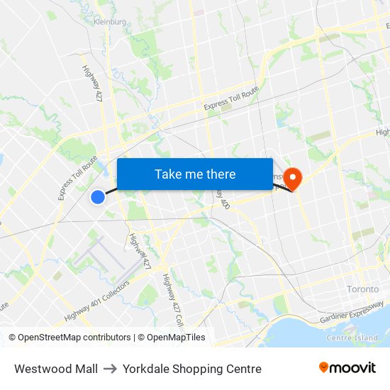 Westwood Mall to Yorkdale Shopping Centre map