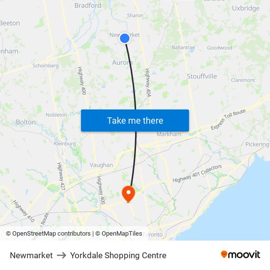 Newmarket to Yorkdale Shopping Centre map