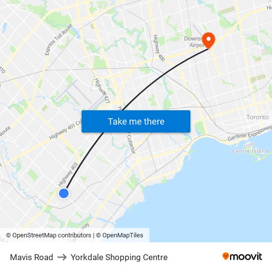 Mavis Road to Yorkdale Shopping Centre map