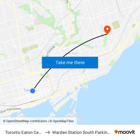 Toronto Eaton Centre to Warden Station South Parking Lot map