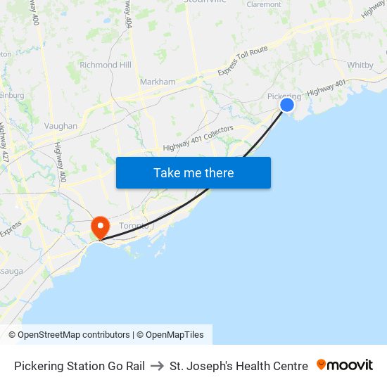 Pickering Station Go Rail to St. Joseph's Health Centre map