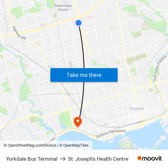 Yorkdale Bus Terminal to St. Joseph's Health Centre map