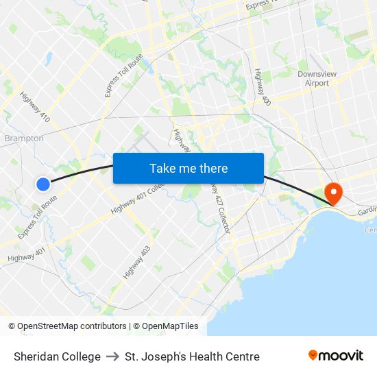 Sheridan College to St. Joseph's Health Centre map