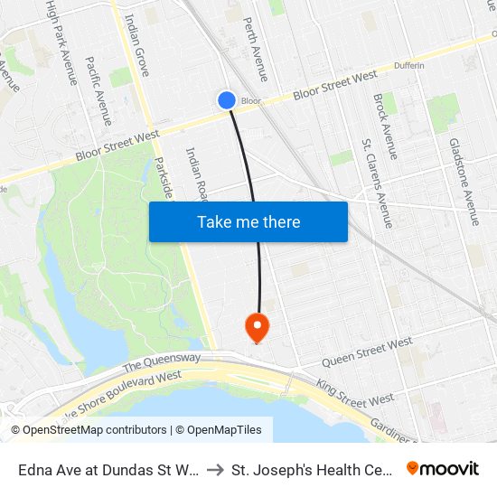 Edna Ave at Dundas St West to St. Joseph's Health Centre map