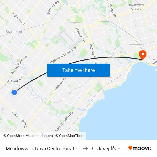 Meadowvale Town Centre Bus Terminal Platform H, I, J to St. Joseph's Health Centre map