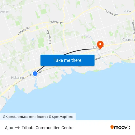 Ajax to Tribute Communities Centre map