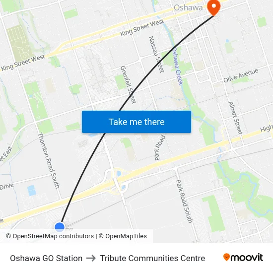 Oshawa GO Station to Tribute Communities Centre map