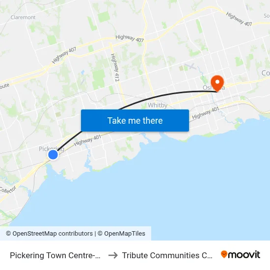 Pickering Town Centre-West to Tribute Communities Centre map