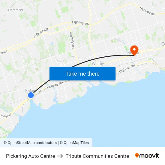 Pickering Auto Centre to Tribute Communities Centre map