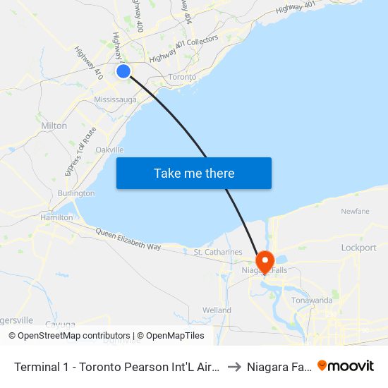 Terminal 1 - Toronto Pearson Int'L Airport to Niagara Falls map