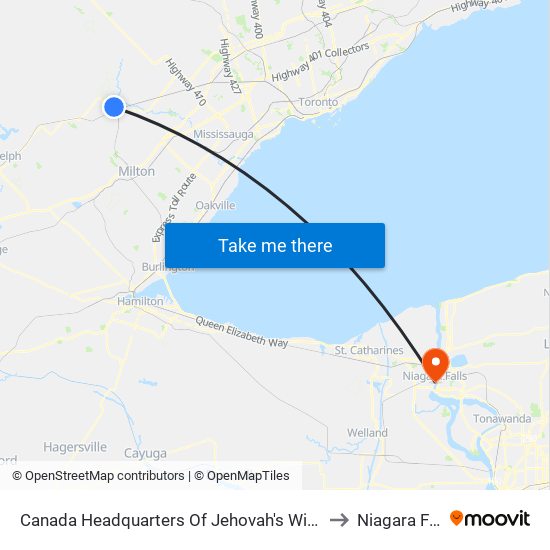Canada Headquarters Of Jehovah's Witnesses to Niagara Falls map