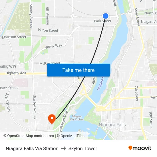Niagara Falls Via Station to Skylon Tower map