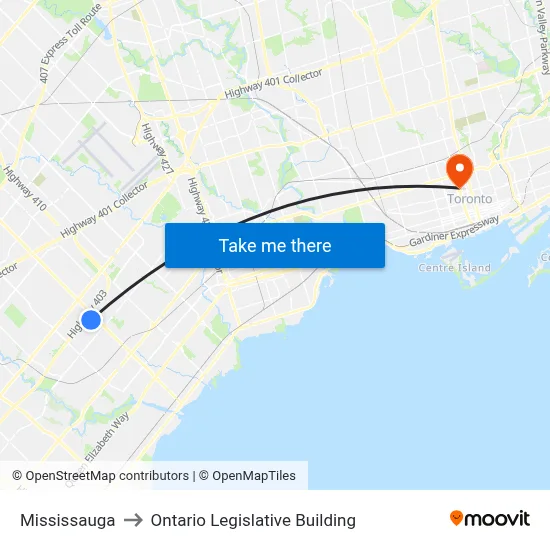 Mississauga to Ontario Legislative Building map