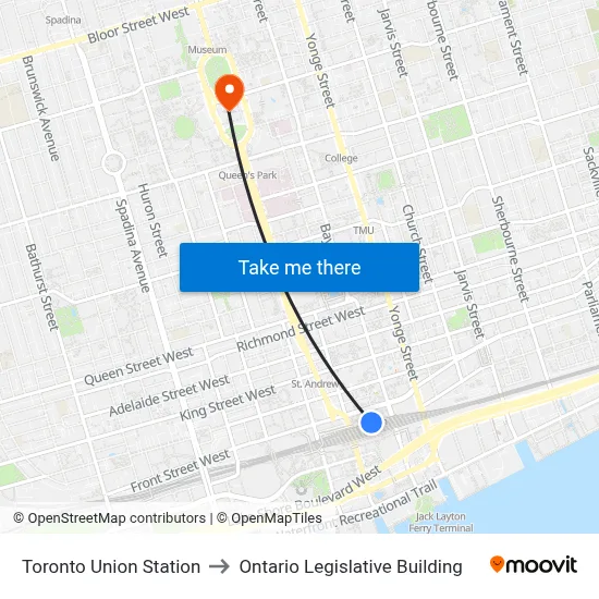 Toronto Union Station to Ontario Legislative Building map