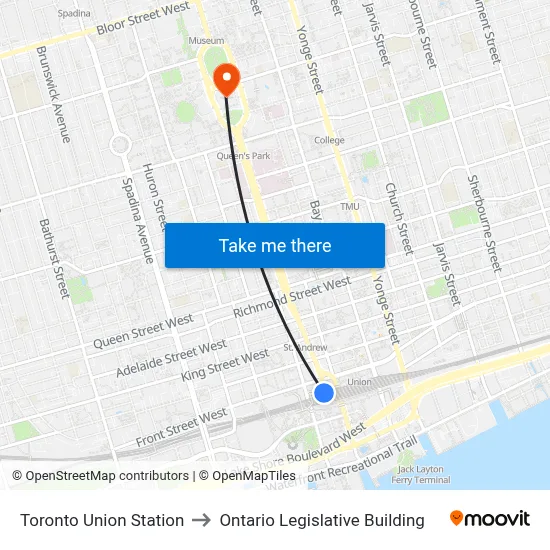Toronto Union Station to Ontario Legislative Building map