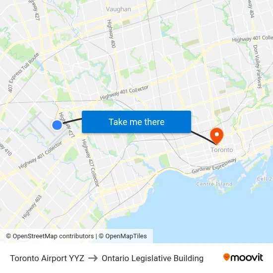 Toronto Airport YYZ to Ontario Legislative Building map
