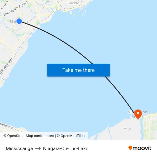 Mississauga to Niagara-On-The-Lake map