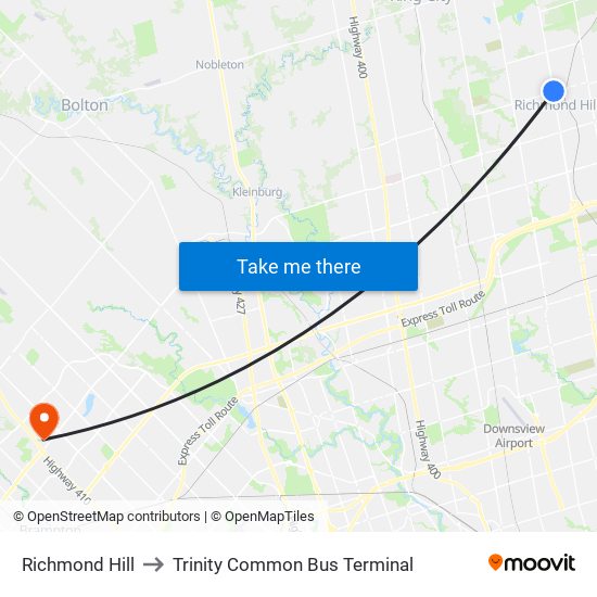 Richmond Hill to Trinity Common Bus Terminal map