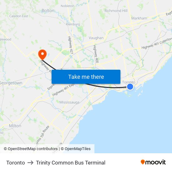 Toronto to Trinity Common Bus Terminal map