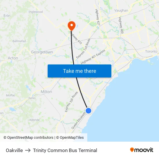 Oakville to Trinity Common Bus Terminal map