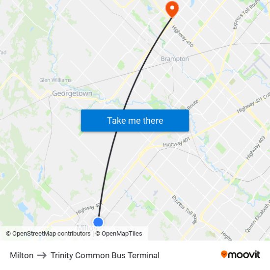 Milton to Trinity Common Bus Terminal map