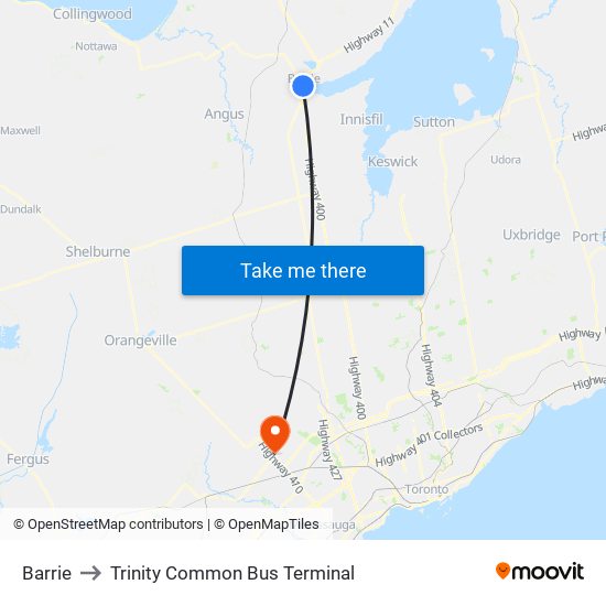 Barrie to Trinity Common Bus Terminal map